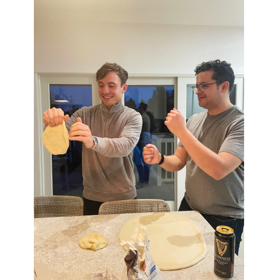 Alex and Mark making a pizza April 2023